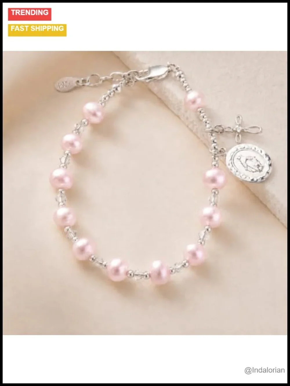 Kids Rosary Bracelet Sterling Silver 925 First Communion Gift Pink Pearls
